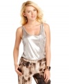 A metallic-cool finish elevates this GUESS? tank to superior style heights! For a look that's trend-right and ultra fly, pair the top with your boldest pants!