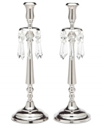 Rekindle the elegance of another era with silver-plated candlesticks from Lighting by Design. Faceted crystal beads adorn a stately silhouette, creating instant drama in a living or dining room. Rekindle the elegance of another era with silver-plated candlesticks from Lighting by Design. Faceted crystal beads adorn a stately silhouette, creating instant drama in a living or dining room.