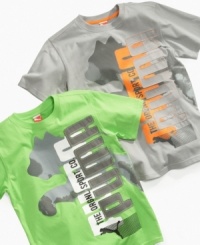 Hear him roar. The striking silhouette graphics on these t-shirts from Puma add a bold boost to his casual style. Hear him roar. The striking silhouette graphics on these t-shirts from Puma add a bold boost to his casual style.