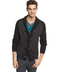 Stay warm, look cool in this handsome Bar III toggle sweater. Stay warm, look cool in this handsome Bar III toggle sweater.