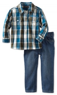 Kenneth Cole Boys 2-7 Twofer Plaid Shirt With Jeans, Teal, 3T
