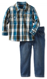 Kenneth Cole Boys 2-7 Twofer Plaid Shirt With Jeans, Teal, 3T Kenneth Cole Boys 2-7 Twofer Plaid Shirt With Jeans, Teal, 3T
