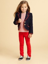 A preppy sailor-style blazer with contrast striped piping and slightly puffed sleeves.Notched collarFront buttonsLong sleevesFlap front pocketsBack tab with buttonsBack ventsFully lined60% wool/40% nylonDry cleanImported Please note: Number of buttons may vary depending on size ordered. A preppy sailor-style blazer with contrast striped piping and slightly puffed sleeves.Notched collarFront buttonsLong sleevesFlap front pocketsBack tab with buttonsBack ventsFully lined60% wool/40% nylonDry cleanImported Please note: Number of buttons may vary depending on size ordered.
