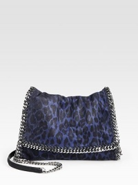 An animal printed faux suede style with shiny link chain trim in a chic crossbody design that follows the brand's vegetarian initiatives.Chain and faux leather shoulder strap, 23½ dropMagnetic snap flap closureOne inside zip pocketFully lined12W X 8½H X 1½DMade in Italy An animal printed faux suede style with shiny link chain trim in a chic crossbody design that follows the brand's vegetarian initiatives.Chain and faux leather shoulder strap, 23½ dropMagnetic snap flap closureOne inside zip pocketFully lined12W X 8½H X 1½DMade in Italy