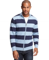 Eye-catching stripes on this Club Room sweater add standout style to any casual-cool outfit. Eye-catching stripes on this Club Room sweater add standout style to any casual-cool outfit.