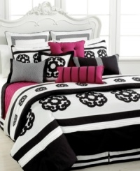 A classic black and white palette is reinvented into modern sophistication in this Sabina comforter set, featuring floral and diamond designs, pleated details and quilted elements for a captivating display. The look is finished with hot pink accents for a touch of chic color. A classic black and white palette is reinvented into modern sophistication in this Sabina comforter set, featuring floral and diamond designs, pleated details and quilted elements for a captivating display. The look is finished with hot pink accents for a touch of chic color.