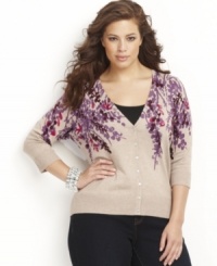 A delicate print - studded through with rhinestones - adds interest to INC's plus size cardigan. Jeweled buttons give it an extra touch of shine. A delicate print - studded through with rhinestones - adds interest to INC's plus size cardigan. Jeweled buttons give it an extra touch of shine.
