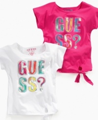 There's no question she'll add some cute cool to her style rotation with this oversize tie-front tee from Guess. There's no question she'll add some cute cool to her style rotation with this oversize tie-front tee from Guess.
