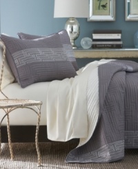 A-maze-ing. Featuring allover quilting in an intricate maze pattern, the Hermosa quilt from Bryan Keith offers a sophisticated appeal. Embellished with embroidery for added refinement with a modern twist. (Clearance) A-maze-ing. Featuring allover quilting in an intricate maze pattern, the Hermosa quilt from Bryan Keith offers a sophisticated appeal. Embellished with embroidery for added refinement with a modern twist. (Clearance)