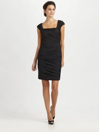 THE LOOKSquare necklineCap sleevesDraped jersey bodiceRuched taffeta skirtBack zipper with hook-and-eyeTHE FITAbout 38 from shoulder to hemTHE MATERIAL55% silk/40% nylon/5% spandexContrast: 93% polyester/7% spandexFully linedCARE & ORIGINDry cleanImported THE LOOKSquare necklineCap sleevesDraped jersey bodiceRuched taffeta skirtBack zipper with hook-and-eyeTHE FITAbout 38 from shoulder to hemTHE MATERIAL55% silk/40% nylon/5% spandexContrast: 93% polyester/7% spandexFully linedCARE & ORIGINDry cleanImported