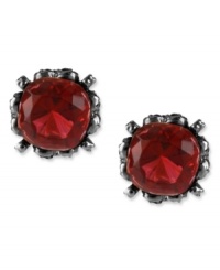 Red haute. This set of stud earrings from Betsey Johnson is crafted from hematite-tone mixed metal and features a red gem in the center for a stylish statement. Approximate drop: 1/2 inch. Red haute. This set of stud earrings from Betsey Johnson is crafted from hematite-tone mixed metal and features a red gem in the center for a stylish statement. Approximate drop: 1/2 inch.