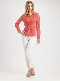 Soft silk and cotton are perfectly complemented by feminine touches like sheer-detail sleeves and a waist-accentuating pleated, twist front.Collar neckSheer-detail, long sleevesButtoned cuffsPrincess seamsButton frontPleated, twist frontAbout 25 from shoulder to hem70% cotton/30% silkDry cleanImported Model shown is 5'10½ (179cm) wearing US size Small. OUR FIT MODEL RECOMMENDS ordering true size. Soft silk and cotton are perfectly complemented by feminine touches like sheer-detail sleeves and a waist-accentuating pleated, twist front.Collar neckSheer-detail, long sleevesButtoned cuffsPrincess seamsButton frontPleated, twist frontAbout 25 from shoulder to hem70% cotton/30% silkDry cleanImported Model shown is 5'10½ (179cm) wearing US size Small. OUR FIT MODEL RECOMMENDS ordering true size.