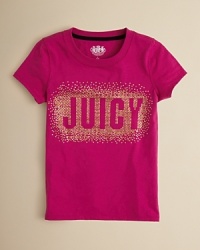 A cluster of rhinestones outline the name she loves, Juicy Couture, rendered front-and-center on this cute short sleeve tee. A cluster of rhinestones outline the name she loves, Juicy Couture, rendered front-and-center on this cute short sleeve tee.