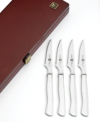 Stunning serrated stainless steel never dulls or needs sharpening bringing the best cut to the table each and every time. Balanced to fit comfortably in your hand for a precise slice, each knife fits into the beautifully crafted presentation box for easy storage and protection of your sharpest tools. Lifetime warranty. Stunning serrated stainless steel never dulls or needs sharpening bringing the best cut to the table each and every time. Balanced to fit comfortably in your hand for a precise slice, each knife fits into the beautifully crafted presentation box for easy storage and protection of your sharpest tools. Lifetime warranty.