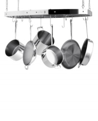 Hung up on kitchen clutter? Clean up the kitchen with a solid stainless steel rack that uses magnetic hooks that stay firmly in place when removing and replacing pots and pans for easy prep and cleanup. Including 8 short and 4 long hooks, this rack lets you decide the placement of hooks for a kitchen catered to your needs. Lifetime warranty. Hung up on kitchen clutter? Clean up the kitchen with a solid stainless steel rack that uses magnetic hooks that stay firmly in place when removing and replacing pots and pans for easy prep and cleanup. Including 8 short and 4 long hooks, this rack lets you decide the placement of hooks for a kitchen catered to your needs. Lifetime warranty.