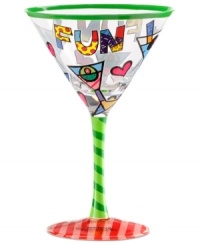 Create a festive party atmosphere the distinct pop art that adorns Romero Britto's martini glass. Hearts, dots and stripes scream fun on your table and also on display. Create a festive party atmosphere the distinct pop art that adorns Romero Britto's martini glass. Hearts, dots and stripes scream fun on your table and also on display.