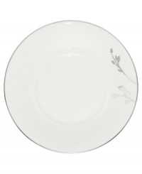 Birch branches grow around this pure white porcelain saucer from Noritake dinnerware. The dishes of this set turn formal tables into serene landscapes. The contemporary design is refined in polished platinum with a breezy, all-natural beauty.