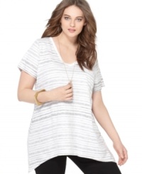 Stripes are a must-get for the season, so snag DKNY Jeans' short sleeve plus size top! Stripes are a must-get for the season, so snag DKNY Jeans' short sleeve plus size top!