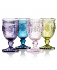 Past meets present. Raised medallions and fluted accents in assorted jewel tones make Modern Vintage iced beverage glasses a standout addition to any table. From the Godinger drinkware collection. Past meets present. Raised medallions and fluted accents in assorted jewel tones make Modern Vintage iced beverage glasses a standout addition to any table. From the Godinger drinkware collection.