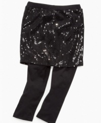 Two-in-one. A flashy sequin skirt over comfy, stretchy leggings makes these skeggings from Beautees perfect for pulling on before she runs out the door. Two-in-one. A flashy sequin skirt over comfy, stretchy leggings makes these skeggings from Beautees perfect for pulling on before she runs out the door.