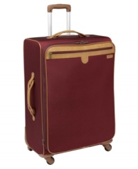 Love at first flight. Looks smart and packs smart for smooth travel, this durable spinner glides along on four 360º wheels and expands up to 2 to make even more room for your essentials. A versatile design you won't want to leave home without features an exterior easy-access pocket for airport necessities, restraining straps to hold clothes securely, mesh pockets for organization and a removable garment sleeve for organized trips. Lifetime warranty. Love at first flight. Looks smart and packs smart for smooth travel, this durable spinner glides along on four 360º wheels and expands up to 2 to make even more room for your essentials. A versatile design you won't want to leave home without features an exterior easy-access pocket for airport necessities, restraining straps to hold clothes securely, mesh pockets for organization and a removable garment sleeve for organized trips. Lifetime warranty.