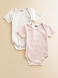 Comfy baby basics in soft cotton knit, offering one striped and one solid design.Envelope shoulders for easy on and off Short sleeves Snap bottom Cotton; machine wash Imported Comfy baby basics in soft cotton knit, offering one striped and one solid design.Envelope shoulders for easy on and off Short sleeves Snap bottom Cotton; machine wash Imported