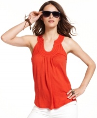 Add a splash of color to your wardrobe with Lucky Brand Jeans' fluid tank top. Pair it with white denim for an ultra cheery look or go high contrast and mix it with bold bottoms! Add a splash of color to your wardrobe with Lucky Brand Jeans' fluid tank top. Pair it with white denim for an ultra cheery look or go high contrast and mix it with bold bottoms!