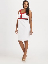 A striking combination of colors and intricate stitching creates the requisite sheath with Princess seams for a figure-flattering effect.Round neckSleevelessContrast detailsEmpire waistPrincess seamsSide zipperBack ventAbout 24 from natural waist62% cotton/33% nylon/5% spandexDry cleanMade in Italy