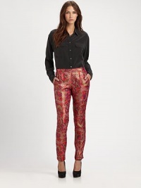 Master baroque-inspired fashion in these ornate brocade pants with a slim fit and buttoned cuffs. Elastic waistbandSide zipperSlash pocketsButtoned cuffsSilk liningRise, about 10Inseam, about 28Polyester/LurexDry cleanMade in USA of imported fabricModel shown is 5'9½ (176cm) wearing US size Small. Master baroque-inspired fashion in these ornate brocade pants with a slim fit and buttoned cuffs. Elastic waistbandSide zipperSlash pocketsButtoned cuffsSilk liningRise, about 10Inseam, about 28Polyester/LurexDry cleanMade in USA of imported fabricModel shown is 5'9½ (176cm) wearing US size Small.