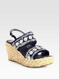 Bohemian-inspired wedge silhouette of textured raffia with glittery sequins, playful fringe trim and beaded details. Raffia wedge, 3½ (90mm)Raffia platform, 1½ (40mm)Compares to a 2 heel (50mm)Pleated raffia upper with sequins and beaded embellishmentsAdjustable leather slingback strapLeather lining and solePadded insoleImported Bohemian-inspired wedge silhouette of textured raffia with glittery sequins, playful fringe trim and beaded details. Raffia wedge, 3½ (90mm)Raffia platform, 1½ (40mm)Compares to a 2 heel (50mm)Pleated raffia upper with sequins and beaded embellishmentsAdjustable leather slingback strapLeather lining and solePadded insoleImported