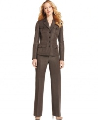 Kasper's petite pant suit touts four buttoned flap pockets on the jacket and a seamed waistband for a crisp look. Kasper's petite pant suit touts four buttoned flap pockets on the jacket and a seamed waistband for a crisp look.