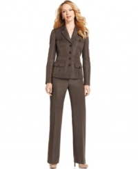 Kasper's petite pant suit touts four buttoned flap pockets on the jacket and a seamed waistband for a crisp look.