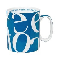 For those with a font of knowledge, the letters c-o-f-f-e-e dance energetically around the Script Collage mug in a variety of bright and vibrant colors.