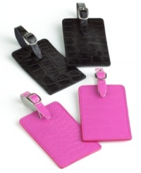 Outfit your luggage with these first-class tags – bright, stylish and easy-to-identify. Complete with a designer embossed crocodile print, they'll be a cinch to spot coming around the luggage carousel. Outfit your luggage with these first-class tags – bright, stylish and easy-to-identify. Complete with a designer embossed crocodile print, they'll be a cinch to spot coming around the luggage carousel.