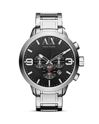 This silver plated Armani Exchange watch works a rugged sophistication, topped by an oversized dial which features a three-eye chronograph, brushed indexes and polished markers. This silver plated Armani Exchange watch works a rugged sophistication, topped by an oversized dial which features a three-eye chronograph, brushed indexes and polished markers.