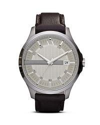Crafted of sleek stainless steel this watch from Armani Exchange perfects easy-cool. The streamlined design is accented by leather band giving it a functional yet stylish finish. Crafted of sleek stainless steel this watch from Armani Exchange perfects easy-cool. The streamlined design is accented by leather band giving it a functional yet stylish finish.