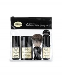 The 4 Elements of the Perfect Shave® guarantee optimal shaving results while relieving and preventing ingrown hairs, razor burn, tough beards, and sensitive skin. The Carry-On contains the essentials for a close and comfortable shave while you are on the go. The pouch is designed with a zip top closure for secure transport and is ideal for packing into your carry on luggage. Contains: Pre-Shave Oil Pump 1 fl. oz., Shaving Cream Pump 1.7 fl. oz., Genuine Badger Shaving Brush, After-Shave Balm Pump 1 fl. oz. The 4 Elements of the Perfect Shave® guarantee optimal shaving results while relieving and preventing ingrown hairs, razor burn, tough beards, and sensitive skin. The Carry-On contains the essentials for a close and comfortable shave while you are on the go. The pouch is designed with a zip top closure for secure transport and is ideal for packing into your carry on luggage. Contains: Pre-Shave Oil Pump 1 fl. oz., Shaving Cream Pump 1.7 fl. oz., Genuine Badger Shaving Brush, After-Shave Balm Pump 1 fl. oz.