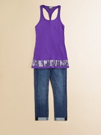Rendered in plush cotton, this vibrant knit is extra dazzling with a sequin hem and twisted racerback.ScoopneckSleeveless twisted racerbackSequin hemCottonHand washMade in USA Rendered in plush cotton, this vibrant knit is extra dazzling with a sequin hem and twisted racerback.ScoopneckSleeveless twisted racerbackSequin hemCottonHand washMade in USA