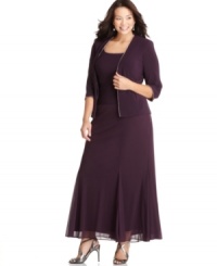Beautiful rhinestone trim lends simple elegance to this two-piece plus size look from Alex Evenings. Beautiful rhinestone trim lends simple elegance to this two-piece plus size look from Alex Evenings.