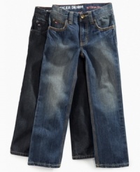 Wear through the legs makes these jeans from Tommy Hilfiger look worn-in and vintage; a look your little man will love. Wear through the legs makes these jeans from Tommy Hilfiger look worn-in and vintage; a look your little man will love.