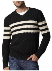 Vince Mens Cabled V-Neck Wool Black Sweater Stripes Long Sleeves Vince Mens Cabled V-Neck Wool Black Sweater Stripes Long Sleeves