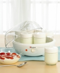 Make yogurts and parfaits the natural way! Whip up a batch of healthy, farm fresh yogurt right on your own countertop. Includes seven covered 6 oz. jars to allow simultaneous preparation of up to seven different types of yogurt. Operate with the push of a button and create innovative yogurt dishes with the included recipe book. A streamlined Italian-inspired design makes this an attractive addition to your kitchen. Three-year warranty. Make yogurts and parfaits the natural way! Whip up a batch of healthy, farm fresh yogurt right on your own countertop. Includes seven covered 6 oz. jars to allow simultaneous preparation of up to seven different types of yogurt. Operate with the push of a button and create innovative yogurt dishes with the included recipe book. A streamlined Italian-inspired design makes this an attractive addition to your kitchen. Three-year warranty.