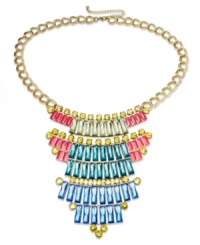 Pharaoh-worthy fashion. This captivating statement necklace from Bar III shines with golden tones and colorful crystals in a pyramid silhouette. Crafted in antiqued gold tone mixed metal. Approximate length: 16 inches + 2-inch extender. Approximate drop: 4-1/2 inches. Approximate width: 4 inches. Pharaoh-worthy fashion. This captivating statement necklace from Bar III shines with golden tones and colorful crystals in a pyramid silhouette. Crafted in antiqued gold tone mixed metal. Approximate length: 16 inches + 2-inch extender. Approximate drop: 4-1/2 inches. Approximate width: 4 inches.