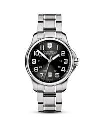 A bold balck dial with dates window is offset by contemporary stainless steel bracelet in this timepiece from Victorinox. Features military time and luminous hands. A bold balck dial with dates window is offset by contemporary stainless steel bracelet in this timepiece from Victorinox. Features military time and luminous hands.