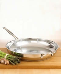 Classically constructed in 18/4 mirror-finish stainless steel, this versatile pan is sure to demand a repeat performance meal after meal. Whether you're frying or sautéing, the aluminum-encapsulated base spreads heat quickly and evenly, leaving no hot spots to burn your food. Lifetime warranty. Classically constructed in 18/4 mirror-finish stainless steel, this versatile pan is sure to demand a repeat performance meal after meal. Whether you're frying or sautéing, the aluminum-encapsulated base spreads heat quickly and evenly, leaving no hot spots to burn your food. Lifetime warranty.