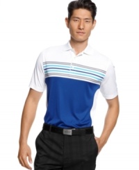 Look great on or off the golf course with this great slim fit wick away moisture golf shirt by Greg Norman for Tasso Elba.