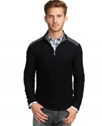 With a color block design and a sleek zipper front, this Kenneth Cole New York cardigan will have you rocking sleek modern style. With a color block design and a sleek zipper front, this Kenneth Cole New York cardigan will have you rocking sleek modern style.
