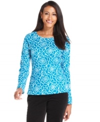 Bold florals wake up Charter Club's classic tee. Pair it with black pants for weekend-chic style. Bold florals wake up Charter Club's classic tee. Pair it with black pants for weekend-chic style.