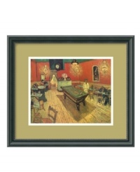 With warm brick, yellow and green tones, this renowned Vincent van Gogh print recreates the intimate ambiance of bohemian Parisian night cafes of the twenties and thirties. A skillful example of Impressionism, the framed print lends chic, casual style to your decor. With warm brick, yellow and green tones, this renowned Vincent van Gogh print recreates the intimate ambiance of bohemian Parisian night cafes of the twenties and thirties. A skillful example of Impressionism, the framed print lends chic, casual style to your decor.