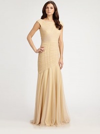 Allover ruching adds rich texture to this floor-length chiffon silhouette.Jewel necklineCap sleevesRuched bodyTrumpet skirtConcealed back zipFully linedAbout 50 from natural waist85% nylon/15% metallicDry cleanImportedModel shown is 5'11 (180cm) wearing US size 4.OUR FIT MODEL RECOMMENDS ordering true size. Allover ruching adds rich texture to this floor-length chiffon silhouette.Jewel necklineCap sleevesRuched bodyTrumpet skirtConcealed back zipFully linedAbout 50 from natural waist85% nylon/15% metallicDry cleanImportedModel shown is 5'11 (180cm) wearing US size 4.OUR FIT MODEL RECOMMENDS ordering true size.